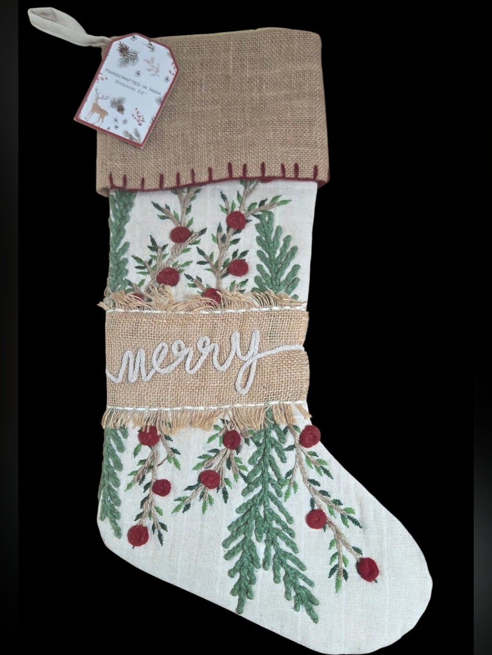 Embroidered, handcrafted burlap cotton and polyester lined Christmas stocking